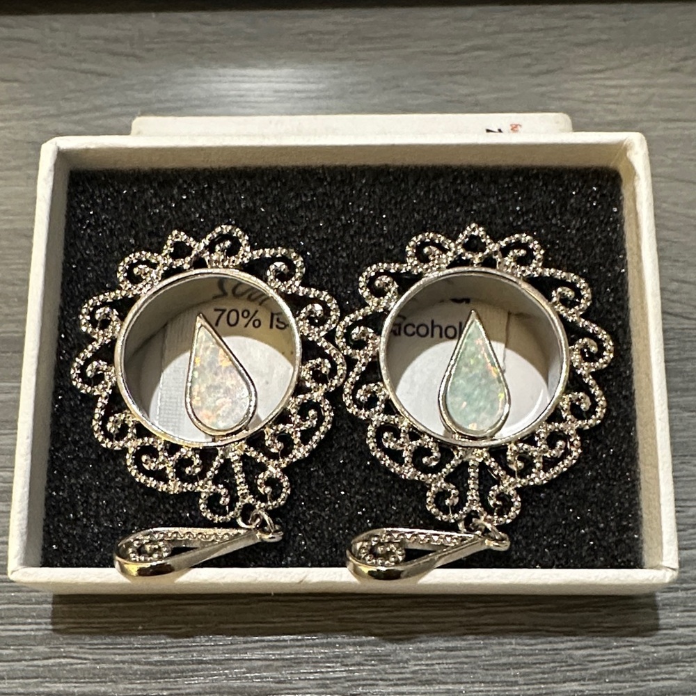 Elegant Silver and Opal Drop Gauges